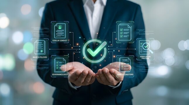 Professional Accountant Pointing at Check Mark Icon Representing Corporate Code of Conduct Rules Compliance Policy Governance Documents and Terms Conditions Verification Process Standard Evaluation