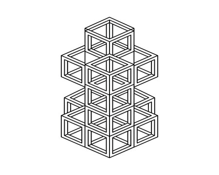 Tower made of impossible cubes and geometric shapes.