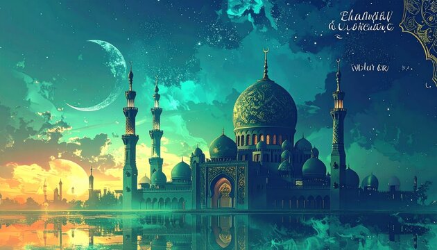 happy eid al fitr mubarak banner with quote and beautiful shiny golden islamic ornament and abstract gradient green and yellow background design