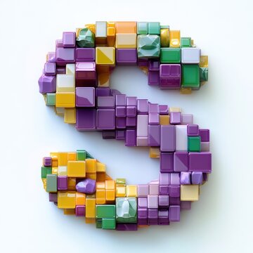 Playful three-dimensional s-shaped form composed of glossy colorful cubes and geometric gems, cheerful vibrant pastel mosaic on white background