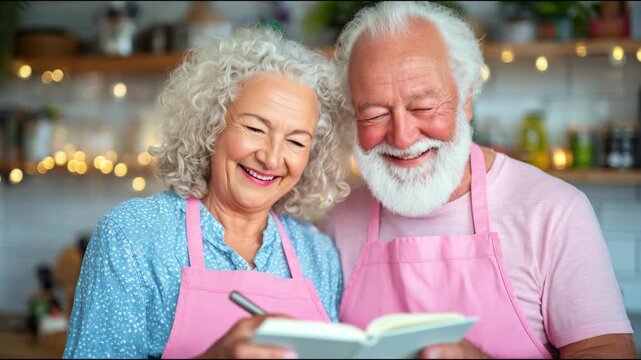 Lovely elderly couple in aprons reading a recipe book together in the kitchen at home