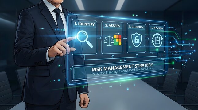 Professional executive analyzes corporate risk management strategy on futuristic digital interface showing identification assessment control monitoring for financial stability and planning.