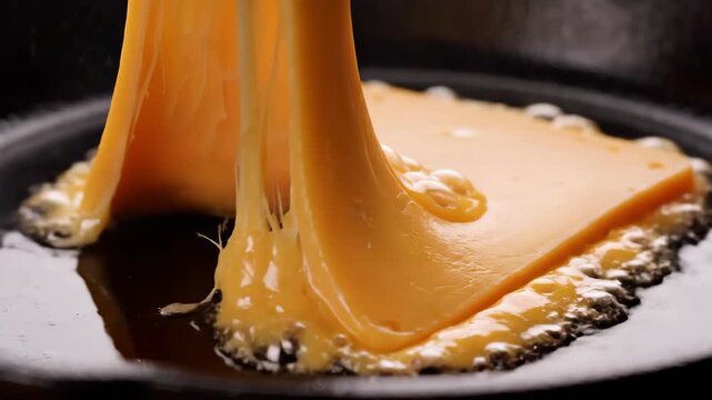 Food tech alternative proteins vegan melted cheese slice stretching hot skillet close up with bubbling oil golden buttery surface comfort cooking