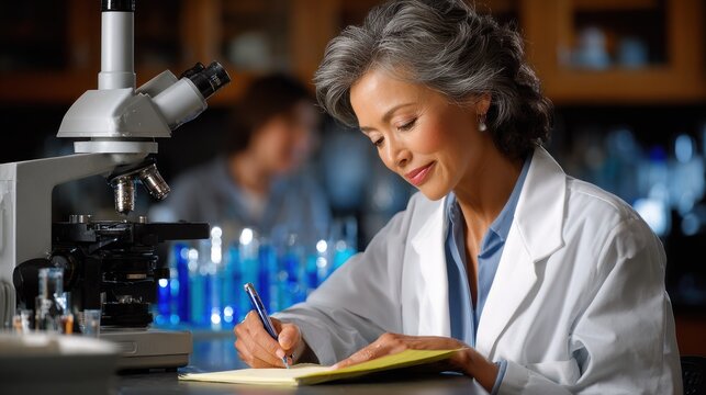 Middle-aged Hispanic microbiologist reviewing laboratory data in modern research facility