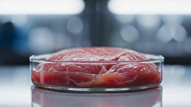 Food tech alternative protein raw meat petri dish laboratory scene, lab grown cultured meat research closeup sample glass dish table sterile