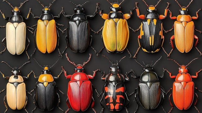 neatly arranged colorful beetle specimens in rows on a dark background, glossy shells and bold patterns evoke curiosity and scientific wonder
