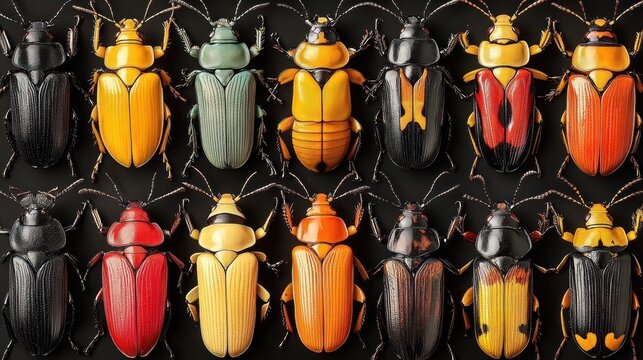 rows of colorful pinned beetle specimens arranged in a neat grid on a black background, glossy elytra and antennae creating a vibrant, meticulous and curious display