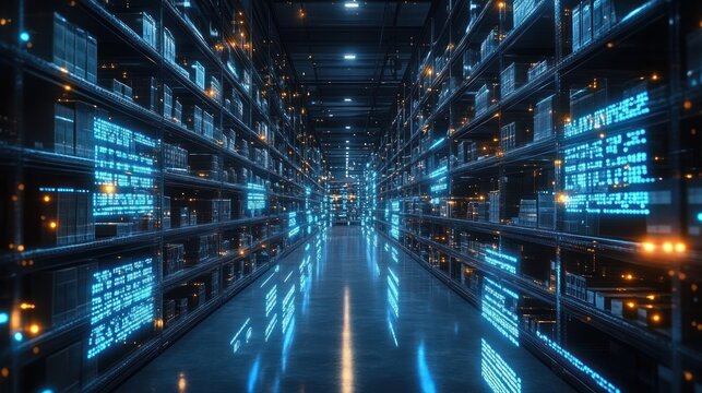 dark futuristic data center aisle with rows of server racks, glowing blue data displays and orange status lights, intense high-tech atmosphere