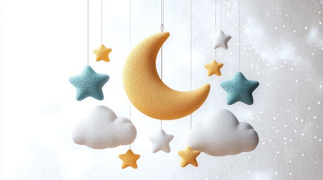 soft plush crescent moon with hanging stars and fluffy clouds nursery mobile, dreamy soothing bedtime atmosphere
