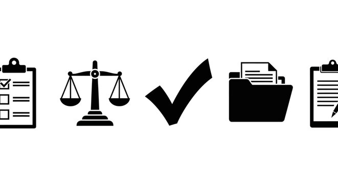 Business Icons: Checklist, Scales of Justice, Checkmark, Folder, Clipboard - Concept of Success and Legal Compliance