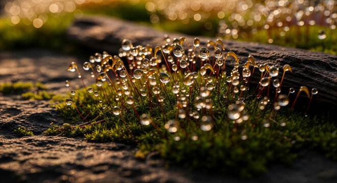 Sparkling Dew Drops on Vibrant Moss Sporophytes in Golden Light