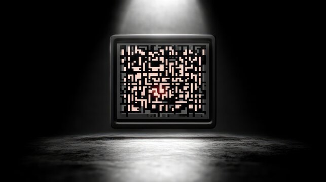 Mysterious illuminated digital code panel hovering above textured concrete floor under a harsh spotlight