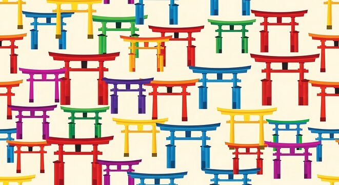 Vibrant torii gates are arranged in a colorful pattern on a beige background.