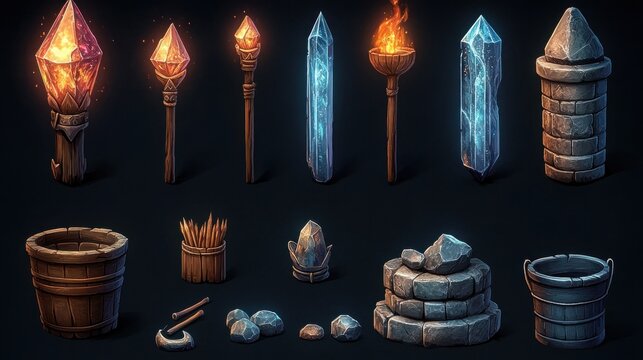 Set of stylized fantasy game props, glowing fire and ice crystals, wooden torches and braziers, stone pillar and well, barrels and buckets, piles of rocks and wooden stakes, mystical adventurous mood