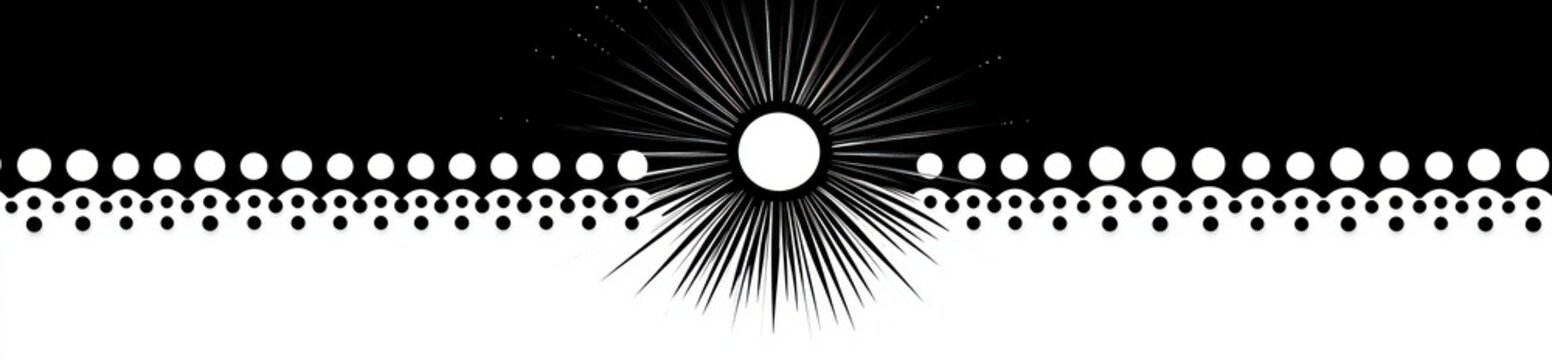 central radiant white sun with sharp black rays and a bold high-contrast halftone dot border, dramatic symmetrical graphic conveying energy and motion