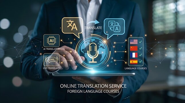 Modern concept of language translation application technology featuring diverse people speaking different tongue global online translator service and advanced AI software integration