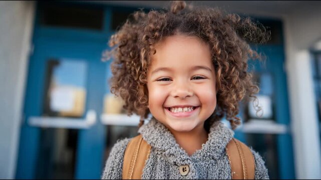 Happy child with curly hair and a backpack looking at the camera in front of her school