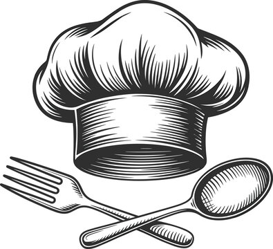Chef hat with fork and spoon, vintage kitchen cooking emblem illustration