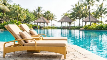 Obraz premium Tropical resort loungers beside serene swimming pool