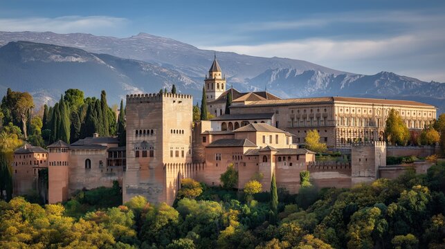 Alhambra palace and fortress structure standing on sabika hill overlooking granada city with mountains