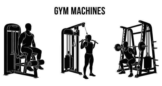 Silhouettes of people using leg extension lat pulldown and smith machine in a gym workout