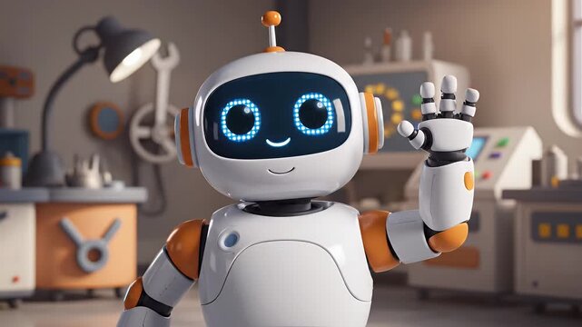 Friendly Cartoon Robot Waving - A cartoon-style robot with a white body, orange accents, and blue eyes waves its hand.