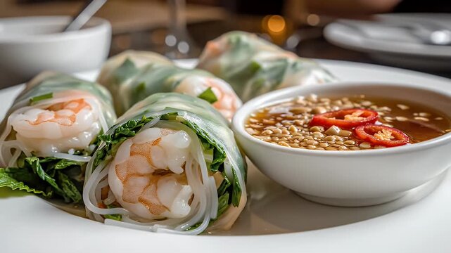 Authentic Vietnamese Fresh Spring Rolls with Dipping Sauce - A close-up shot of authentic Vietnamese fresh spring rolls, known as Goi Cuon, filled with succulent shrimp, fresh herbs, and vermicelli.