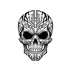 Fototapeta premium Stylized black and white human skull featuring intricate circuit board patterns and tribal elements, merging organic and technological aesthetics.