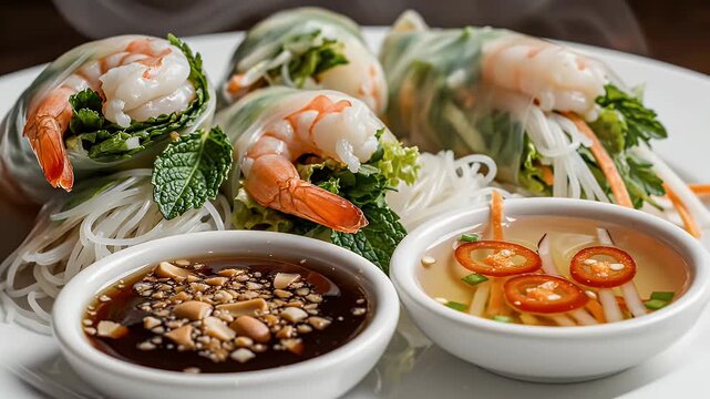 Vietnamese Fresh Spring Rolls with Dipping Sauces - Close-up of authentic Vietnamese fresh spring rolls, also known as Goi Cuon, filled with succulent shrimp, fresh herbs, and vermicelli noodles.