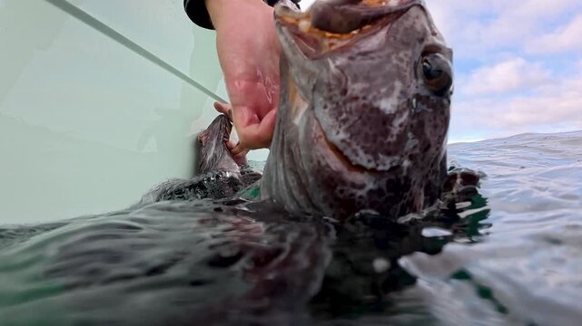 Underwater view of fisherman releasing lingcod