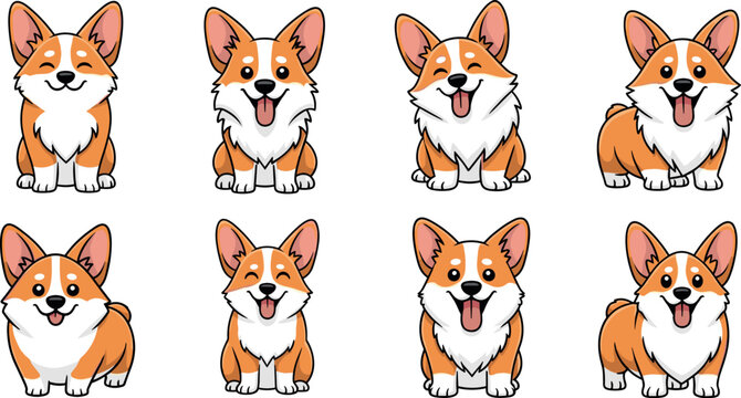 Corgi dog characters collection with cute puppy poses and expressions, kawaii pet mascots vector illustration set for animal design