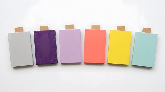 A collection of colorful sticky notes with clips on a white background