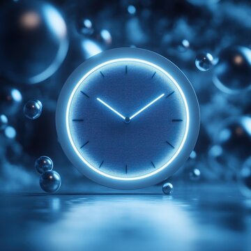 Glowing blue analog clock surrounded by floating metallic spheres on reflective surface, serene futuristic atmosphere