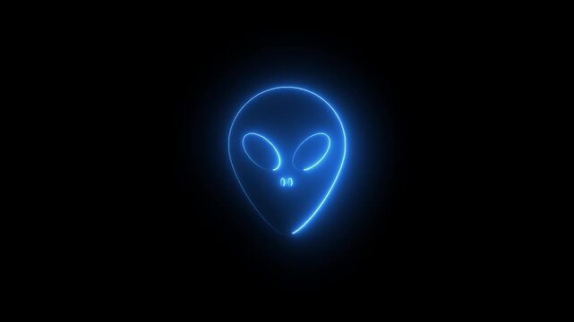Glowing neon alien head animation, pulsing blue extraterrestrial symbol on black background, for sci-fi and, ufo concepts