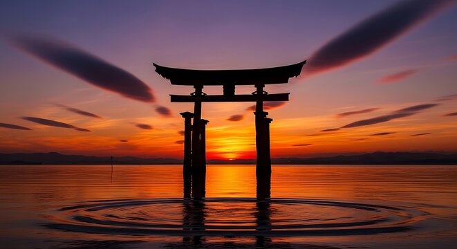 A serene Japanese gate stands in the water at sunset with vibrant sky and ripples.
