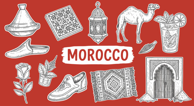Moroccan Cultural Symbols and Icons Collage.