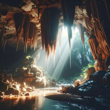 A serene cave with stalactites and a stream running through it