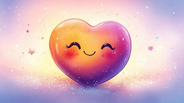 glossy smiling heart with blushing cheeks surrounded by sparkles and tiny stars on a dreamy pastel background, cheerful and whimsical