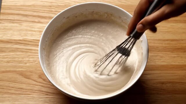 Food tech alternative proteins mixing bowl whisk batter on wooden table for vegan baking recipe prep in clean kitchen scene creamy mixture motion