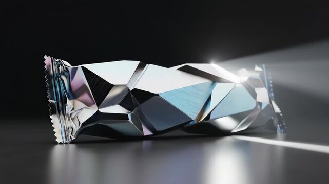 Protein bar food tech alternative proteins metallic foil wrapper studio lighting close up shiny futuristic snack packaging mockup on dark background