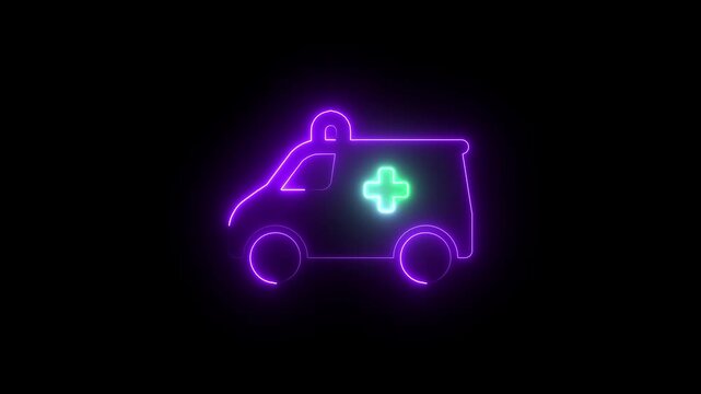 Neon ambulance animation with glowing medical cross for emergency healthcare and hospital services