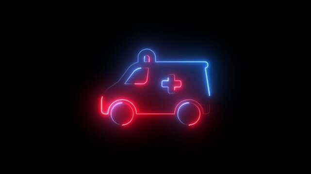 Neon ambulance animation with pulsing emergency light effect for medical and healthcare motion glowing