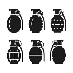 Obraz premium Set of six black grenade icons, various designs, isolated on white background