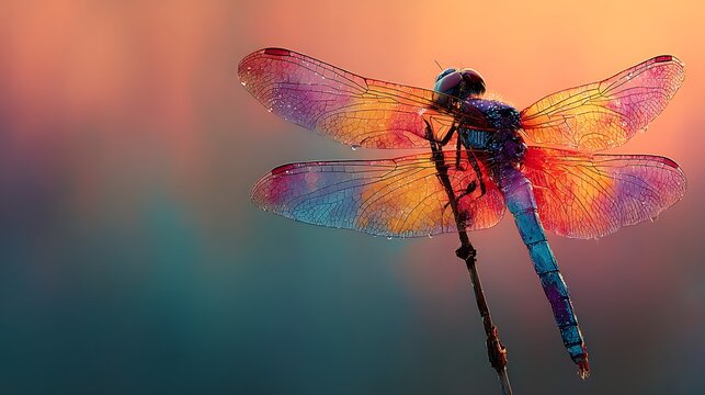 Detailed Macro Photography of a Colorful Dragonfly with Water Droplets on its Translucent Wings