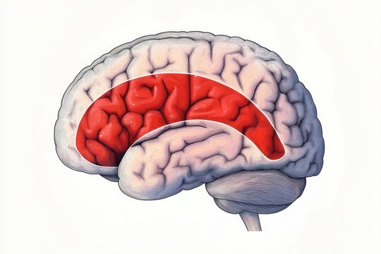 detailed sagittal illustration of a human brain with a red highlighted cingulate gyrus and surrounding cortex on a white background conveying clinical focus and scientific curiosity