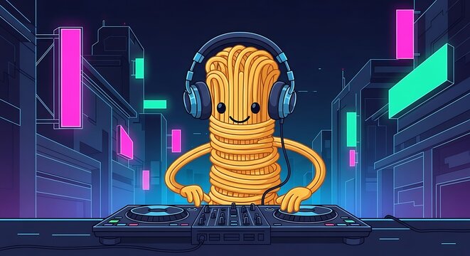 A cartoon noodle character wearing headphones and mixing music on a DJ setup in a neon-lit cityscape