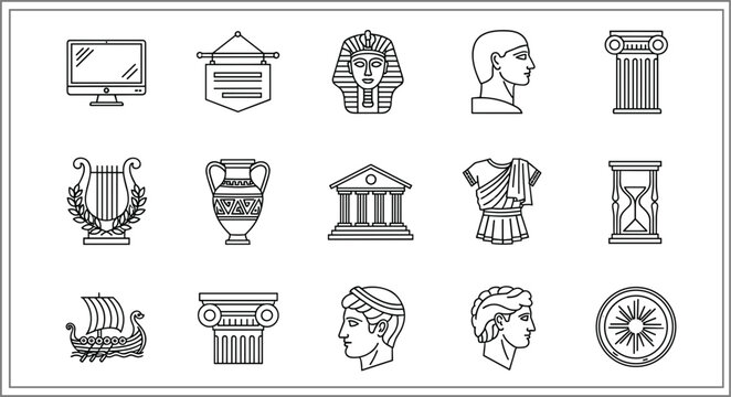 Ancient Greece line icons set mythology architecture artifacts history symbols vector illustration classical culture collection