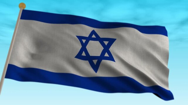 Seamless loop of the official national flag of Israel waving against a bright blue sky. High quality 3D render animation of the blue and white Zionist flag with Magen David.