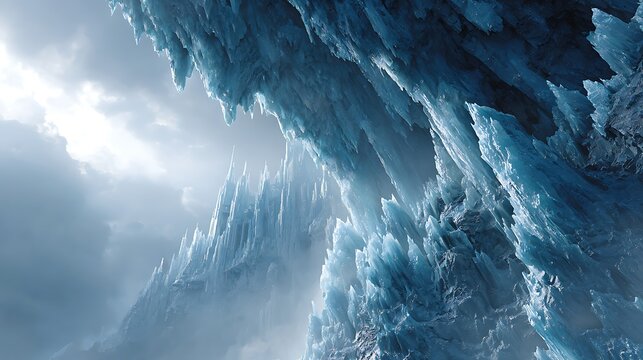 Abstract icy cave with sharp blue icicles and frosty textures. dramatic light breaking through clo
