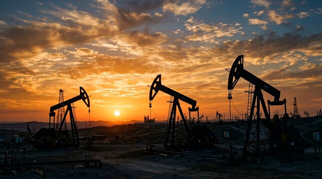 Silhouetted Oil Pumpjacks at Sunset in Industrial Field
